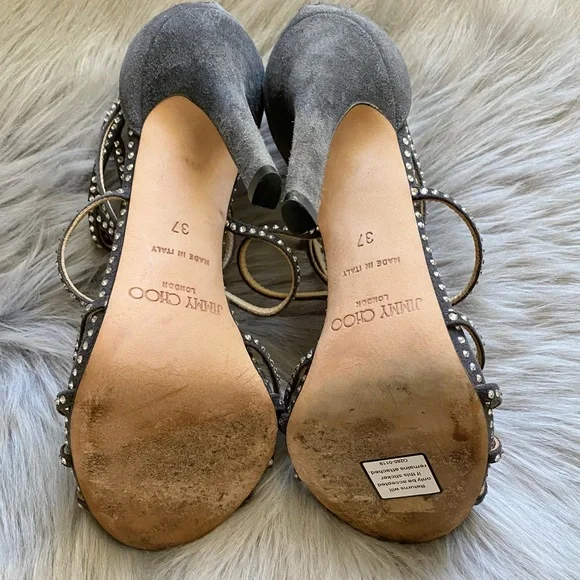 Jimmy Choo Gray Leather Vendetta Crystal Embellished Strappy Heel Sandals - Picture 9 of 11